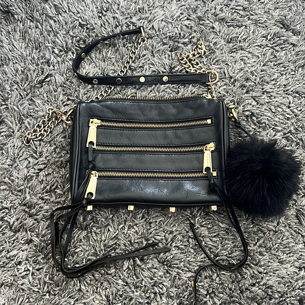 Rebecca mink off black and gold leather 3 zip cross body purse